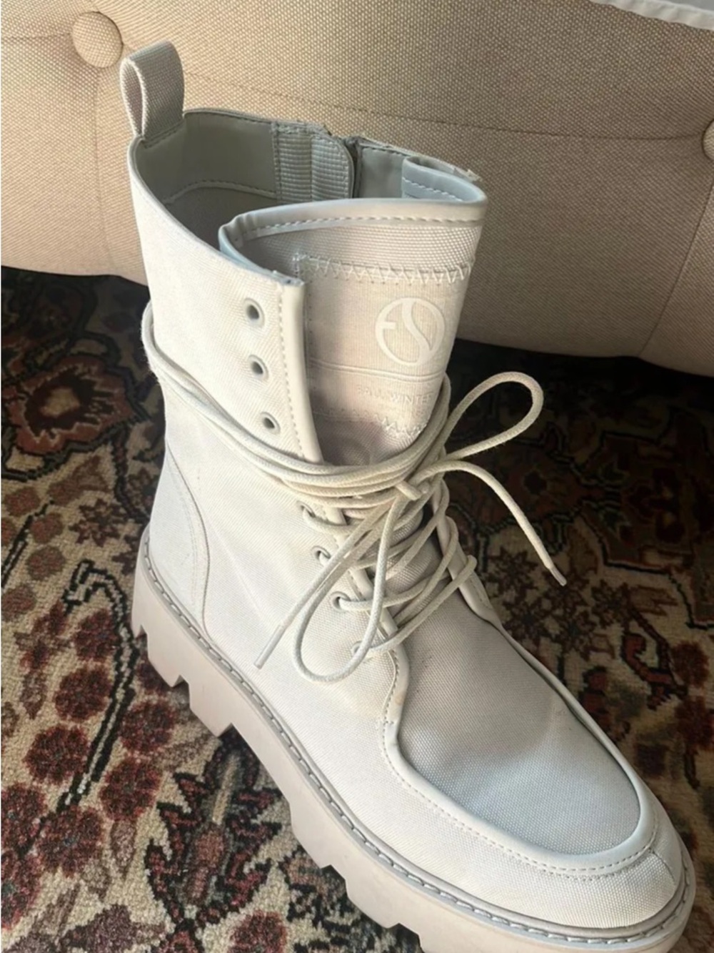 Franco Sarto Cream Canvas Combat Boot with Lug Sole
